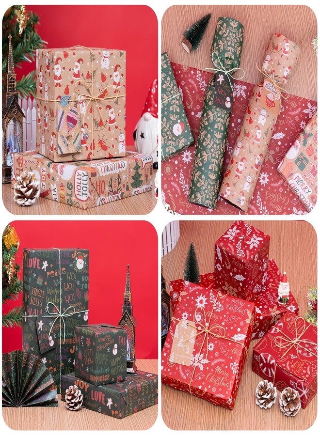 Rancco Christmas Wrapping Paper, 6 Sheets Red and Green Wrapping Paper Set with Tags Stickers and Ribbon, Brown Christmas paper for Xmas Winter Holiday New Year Party Decoration, 27.5x19.7inch - Image 3